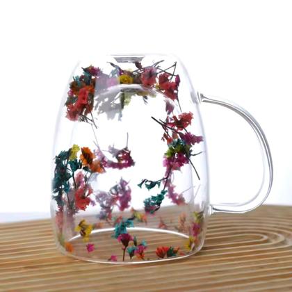 Imagem de Caneca de Vidro Borossilicato Parede Dupla com Flores Secas 350ml