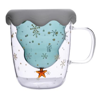 Imagem de Caneca de vidro de Natal 3D com parede dupla 250ml com árvore verde na caixa presente