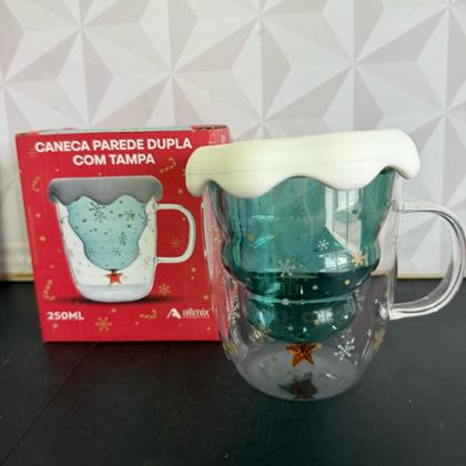 Imagem de Caneca de vidro de Natal 3D com parede dupla 250ml com árvore verde na caixa presente