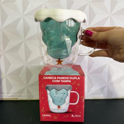 Imagem de Caneca de vidro de Natal 3D com parede dupla 250ml com árvore verde na caixa presente