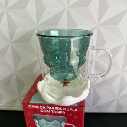 Imagem de Caneca de vidro de Natal 3D com parede dupla 250ml com árvore verde na caixa presente