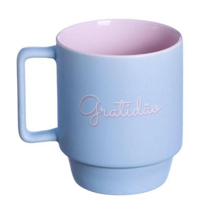 Imagem de Caneca Gratidão Empilhável Porcelana Azul E Rosa 400ML - Zona Criativa
