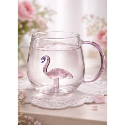 Imagem de Caneca Xicara Borossilicato de Vidro Flamingo e Alça Rosa 3D 350ml C48