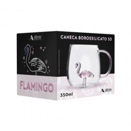 Imagem de Caneca Xicara Borossilicato de Vidro Flamingo e Alça Rosa 3D 350ml C48