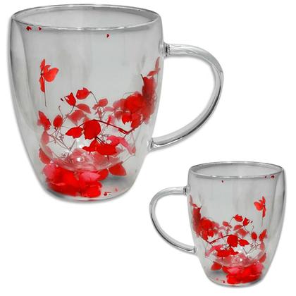 Imagem de Caneca Xícara Chá Café Parede Dupla de Vidro Com Flores Vermelha Primavera Decorativas Presente