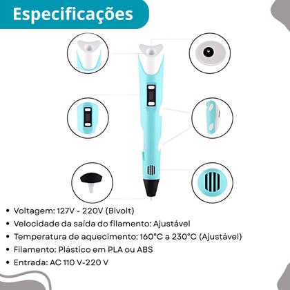 Imagem de Caneta 3d Infantil Impressão Criança Completa USB Criativa Azul