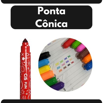 Imagem de Caneta Hidrográfica CiS Criatic Fun 12 Cores Canetinhas Azul Estojo Ponta Cônica Anatômico Suave