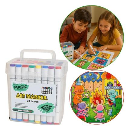 Caneta touch ponta dupla 24 cores com estojo maleta magic kids