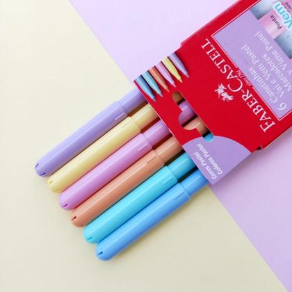 Canetinha vai e vem tons pastel Faber Castell com 6 cores, ponta afunda e volta - Faber-Castell Imagem de Canetinha vai e vem tons pastel Faber Castell com 6 cores, ponta afunda e volta