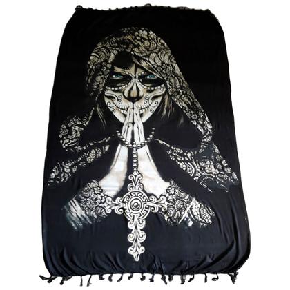 Imagem de Canga De Praia Estampa Catrina 100% Viscose Cor Preta