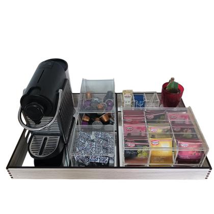 Imagem de Cantinho do café com bandeja em madeira com divisórias com espelho sobreposto 4 organizadores