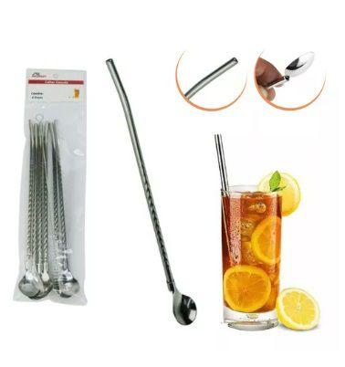 Imagem de Canudo Colher em Inox com Escova para Limpeza Drinks Mexedor 22cm Kit com 6 Unidades Cor Prateado MG-9250