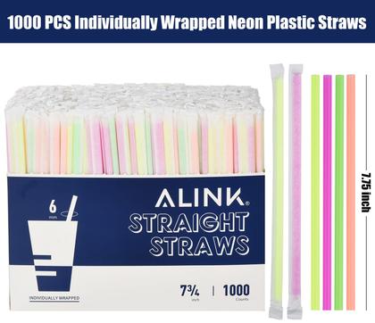 Imagem de Canudos para beber ALINK, plástico colorido neon, 1000 unidades, 7,75 polegadas
