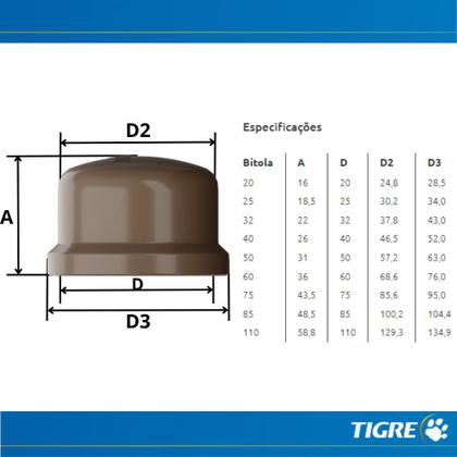 Imagem de Cap Tampão Soldável PVC Marrom Para Tampar Canos E Tubos De Água Fria 3” Polegada 85mm Tigre