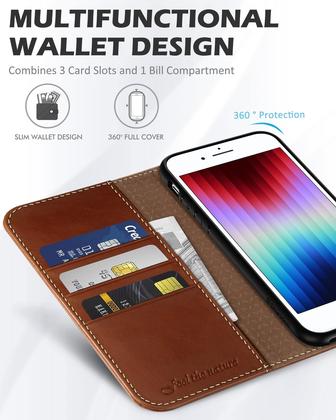 Imagem de Capa Carteira SHIELDON em Couro Genuíno para iPhone SE 2022/2020 - Marrom