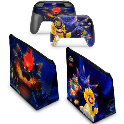 Imagem de Capa Case e Skin Adesivo Compatível Nintendo Switch Pro Controle - Bowser s Fury