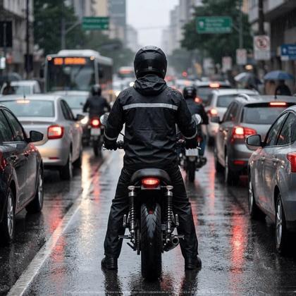 Imagem de Capa De Chuva Motociclista Completa Resistente Com Capuz E Faixas Luminosas Protecao Contra Tempestades -