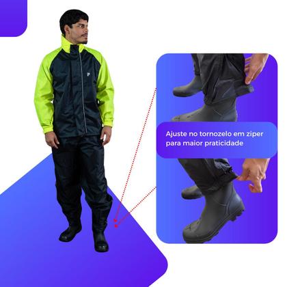 Imagem de Capa De Chuva Motoqueiro Nylon Traveller Premium impermeável Gola Alta Capuz tiras autocolantes Bolso Interno Pala Ventilação Forro Cinto Regulador Motoboy
