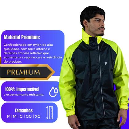 Imagem de Capa De Chuva Motoqueiro Nylon Traveller Premium impermeável Gola Alta Capuz tiras autocolantes Bolso Interno Pala Ventilação Forro Cinto Regulador Motoboy