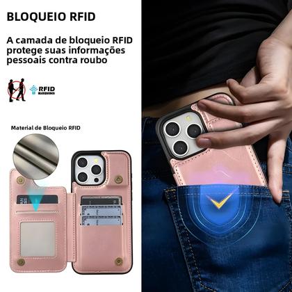 Imagem de Capa De Couro Com Bloqueio RFID Em Cor Sólida Com Fecho Magnético Duplo Para iPhone 15 pro Max 14