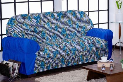 Imagem de Capa de Sofá 2 e 3 Lugares King Retrô Elasticada Malha Gel Mista 3 Floral Azul