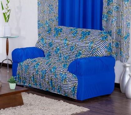 Imagem de Capa de Sofá 2 e 3 Lugares King Retrô Elasticada Malha Gel Mista 3 Floral Azul