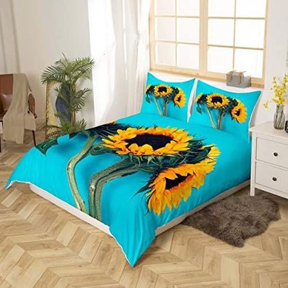 Imagem de Capa do edredom de girassol Feelyou Set King Size 3D Impressão Natureza Conjunto de Cama Impressão Decoração DecorAs Botânicas Nova Capa comforter com 2 fronhas Microfibra Yellow Quilt Cover Zipper 3 Pcs