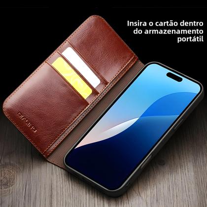 Imagem de Capa Flip de Couro Genuíno para iPhone 16 Pro Max - Com Compartimento para Cartões