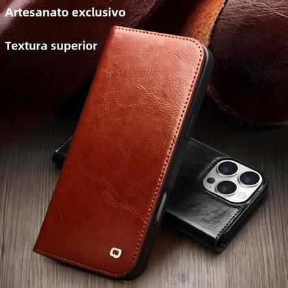 Imagem de Capa Flip de Couro Genuíno para iPhone 16 Pro Max - Com Compartimento para Cartões