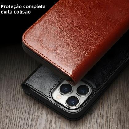 Imagem de Capa Flip de Couro Genuíno para iPhone 16 Pro Max - Com Compartimento para Cartões