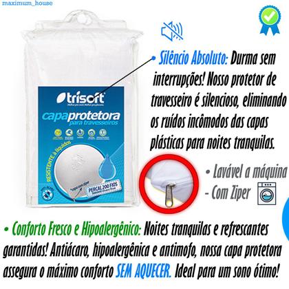 Imagem de Capa Impermeável de Travesseiro Com Ziper 100% Algodão Fronha Protetora Anti Acaro Grande Branco - Trisoft