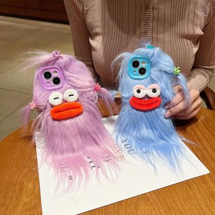 Imagem de Capa Pretaco para iPhone 15 Pro Max, capas de telefone peludas engraçadas e bobas cabelo comprido faça você mesmo com clipe de cabelo Capa feia para celular, troque presentes de desafio com amigos (rosa)