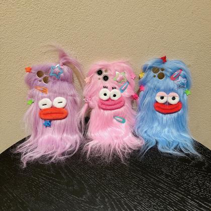 Imagem de Capa Pretaco para iPhone 15 Pro Max, capas de telefone peludas engraçadas e bobas cabelo comprido faça você mesmo com clipe de cabelo Capa feia para celular, troque presentes de desafio com amigos (rosa)