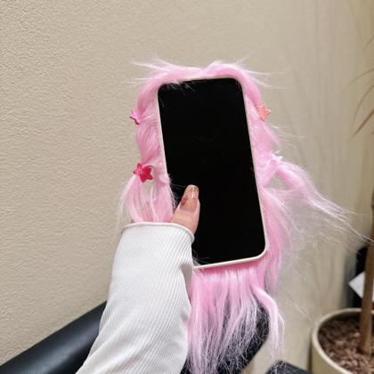 Imagem de Capa Pretaco para iPhone 15 Pro Max, capas de telefone peludas engraçadas e bobas cabelo comprido faça você mesmo com clipe de cabelo Capa feia para celular, troque presentes de desafio com amigos (rosa)