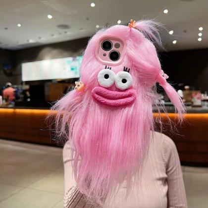 Imagem de Capa Pretaco para iPhone 15 Pro Max, capas de telefone peludas engraçadas e bobas cabelo comprido faça você mesmo com clipe de cabelo Capa feia para celular, troque presentes de desafio com amigos (rosa)