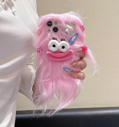 Imagem de Capa Pretaco para iPhone 15 Pro Max, capas de telefone peludas engraçadas e bobas cabelo comprido faça você mesmo com clipe de cabelo Capa feia para celular, troque presentes de desafio com amigos (rosa)