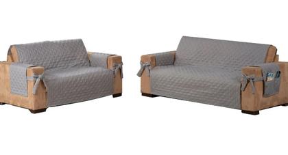 Imagem de Capa Protetor de Sofá Retratil 3 e 2 Lugares com Laço e Porta Objetos - Cinza