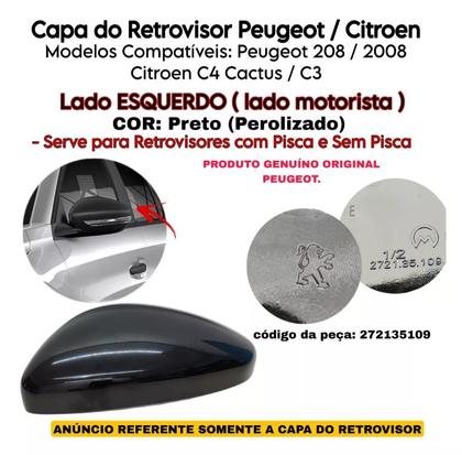 Imagem de Capa Retrovisor Citroen C4 Cactus 2018 2019 2020 2021 2022 2023 2024 Lado Esquerdo Preto Perolizado Original
