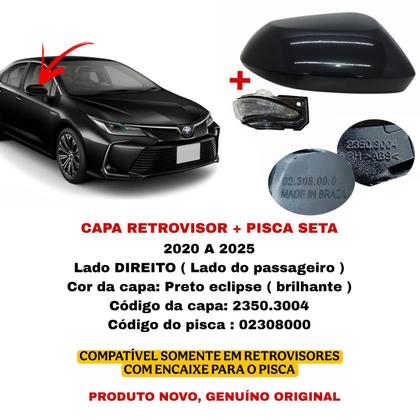 Imagem de Capa Retrovisor Pisca Seta Corolla 2020 2021 2022 2023 2024 2025 Lado Direito Preto Eclipse