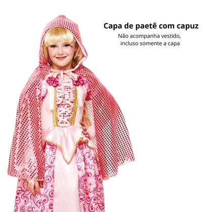 Imagem de Capa Rosa Infantil de Paetê Com Capuz pra  Fantasia de Princesa