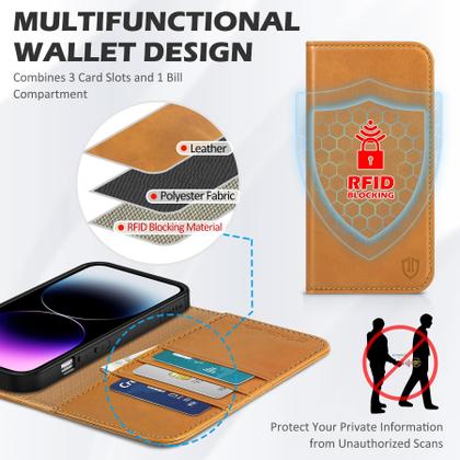 Imagem de Capa tipo carteira de couro genuíno SHIELDON com bloqueio RFID, suporte magnético e proteção à prova de choque, compatível com 14 Pro Max 6,7" 2022, marrom