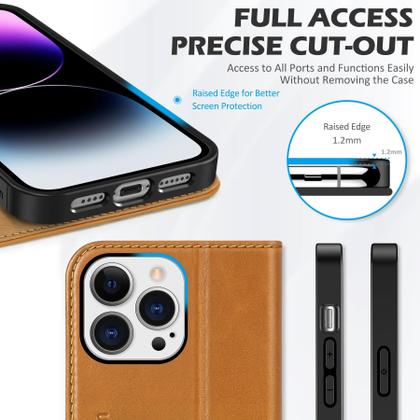 Imagem de Capa tipo carteira de couro genuíno SHIELDON com bloqueio RFID, suporte magnético e proteção à prova de choque, compatível com 14 Pro Max 6,7" 2022, marrom