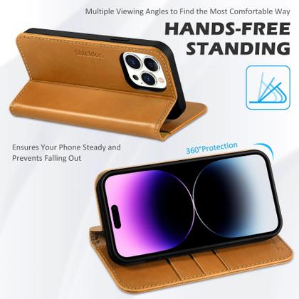 Imagem de Capa tipo carteira de couro genuíno SHIELDON com bloqueio RFID, suporte magnético e proteção à prova de choque, compatível com 14 Pro Max 6,7" 2022, marrom