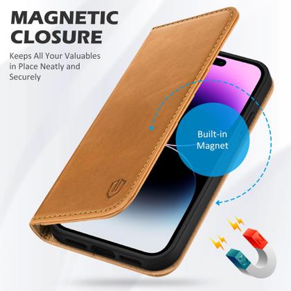 Imagem de Capa tipo carteira de couro genuíno SHIELDON com bloqueio RFID, suporte magnético e proteção à prova de choque, compatível com 14 Pro Max 6,7" 2022, marrom