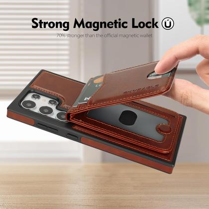 Imagem de Capa tipo carteira removível Magsafe 2 em 1 para Galaxy S25 Ultra compatível com SkyEagle com porta-cartões, feminina e masculina, compartimentos de crédito com bloqueio de RFID em couro PU magnético, com bloqueio de RFID, para Galaxy S25 Ultra 6,9", marrom