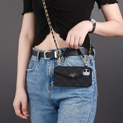 Imagem de Capa tipo carteira Yatchen para iPhone 16 Pro com alça de cordão preta