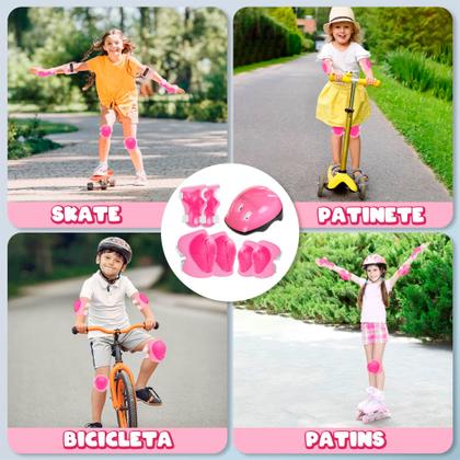 Imagem de Capacete Cotoveleira Joelheira Munhequeira Para Skate Patins Bike Infantil Rosa - Importway