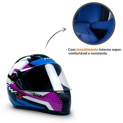 Capacete Fw3 Lilás Com Azul E Branco Narigueira Fechado Para Moto