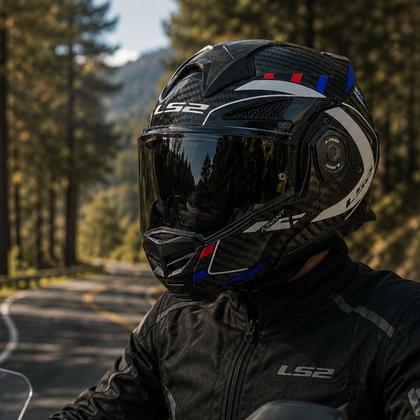 Imagem de Capacete ls2 ff901 advant x carbon future preto azul vermelho escamotiavel + viseira fume