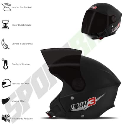 Imagem de Capacete New Liberty 3 Three Viseira Fumê Moto Aberto Pro Tork Segurança Proteção Adulto
